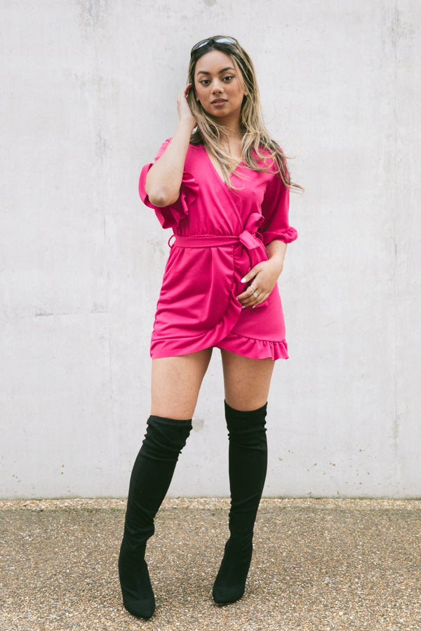 Hot Pink Frill Sleeve Wrap Mini Dress