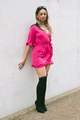 Hot Pink Frill Sleeve Wrap Mini Dress