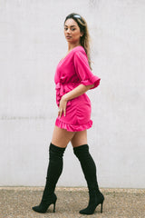 Hot Pink Frill Sleeve Wrap Mini Dress