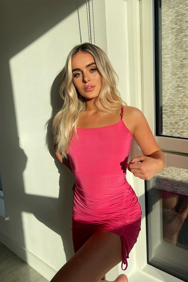 Hot Pink Slinky Spaghetti Strap Ruched Mini Dress