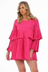 Hot Pink Pleated Ruffle Mini Dress