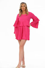 Hot Pink Pleated Ruffle Mini Dress