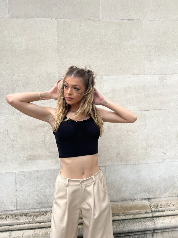 Black Ruched Criss Cross Back Crop Top