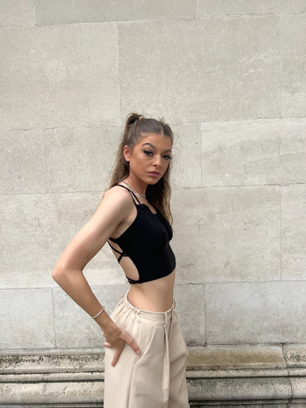Black Ruched Criss Cross Back Crop Top