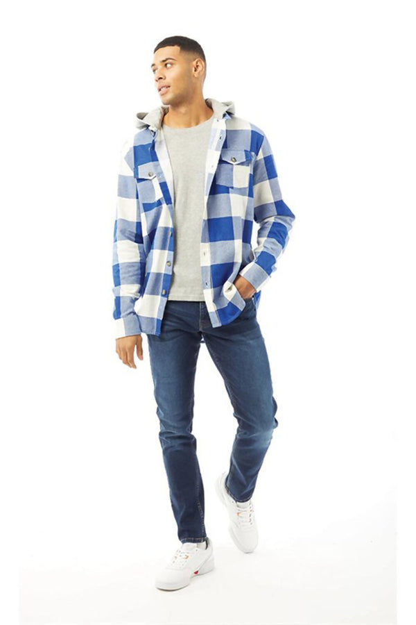 Mens Blue Brushed Hooded Check Shirt