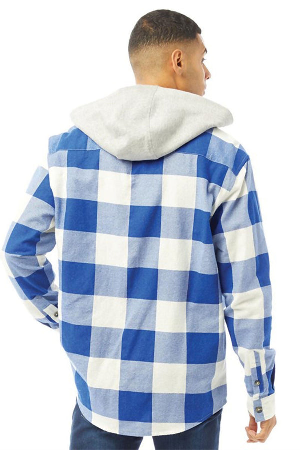 Mens Blue Brushed Hooded Check Shirt
