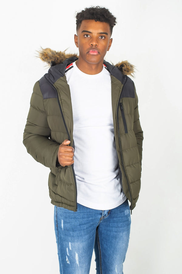 Mens Khaki Padded Coat With Black Panel