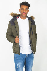 Mens Khaki Padded Coat With Black Panel