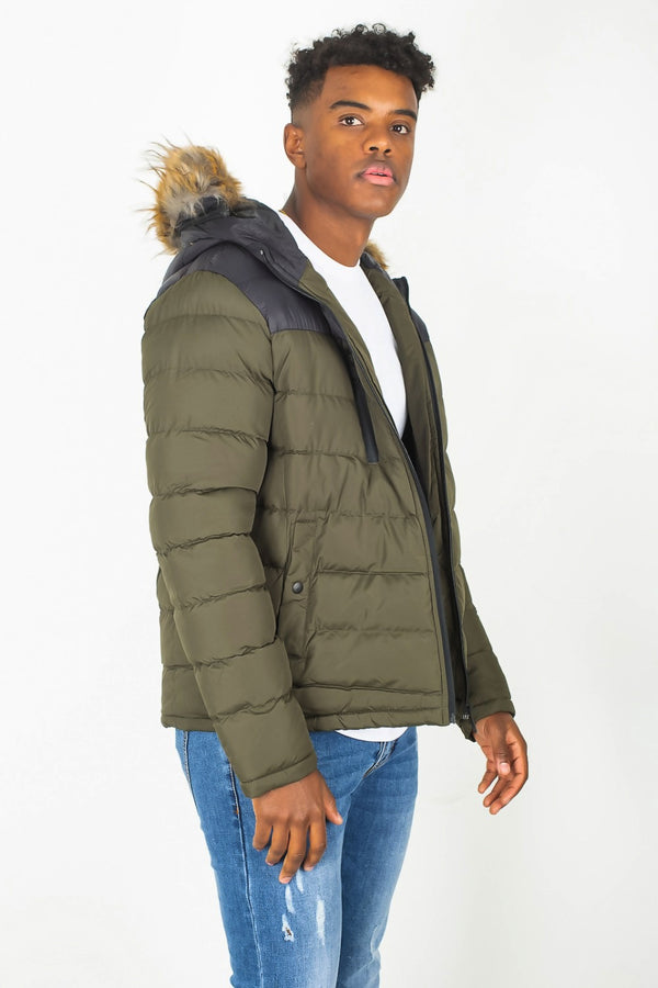 Mens Khaki Padded Coat With Black Panel