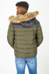 Mens Khaki Padded Coat With Black Panel