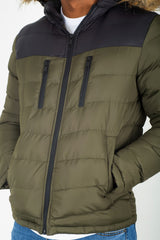 Mens Khaki Padded Coat With Black Panel