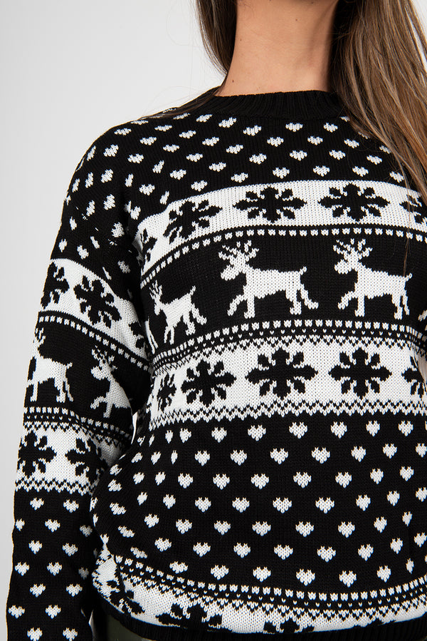 Black Reindeer And Snowflake Knitted Christmas Jumper 