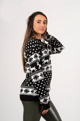 Black Reindeer And Snowflake Knitted Christmas Jumper 