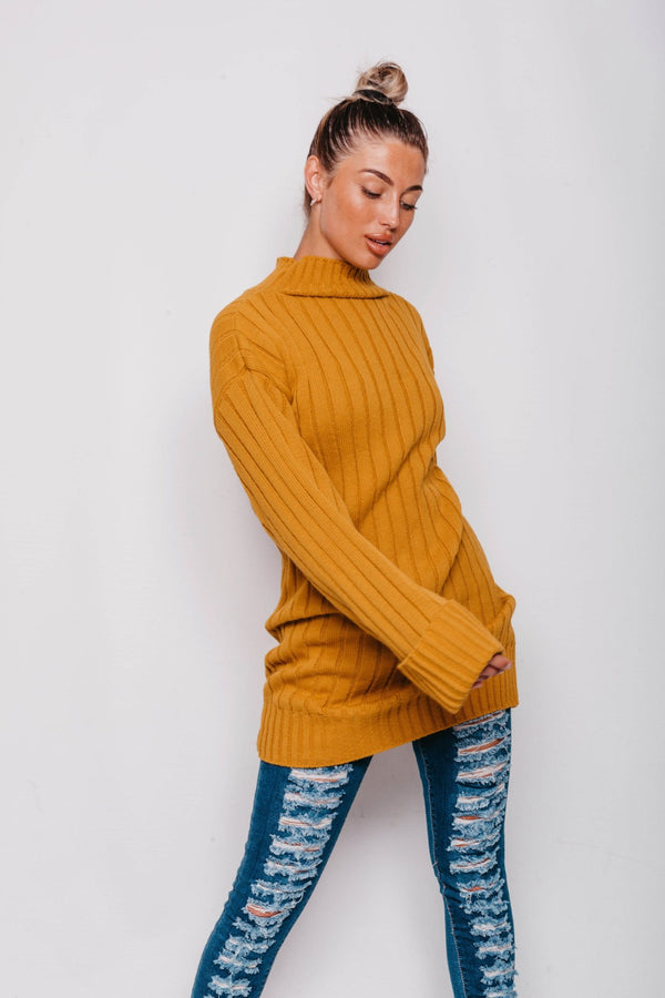 Mustard Ribbed Knitted Oversized Jumper Dress