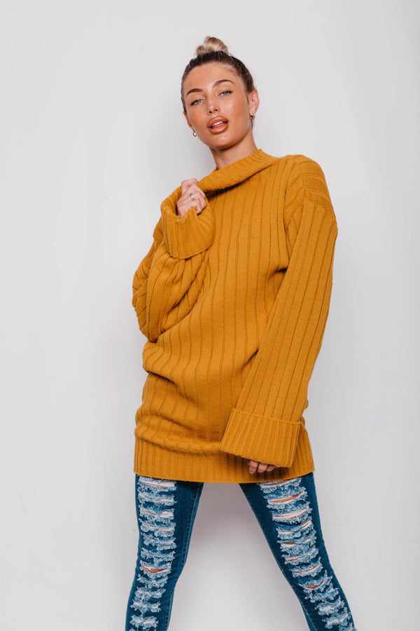 Mustard Ribbed Knitted Oversized Jumper Dress