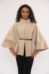 Beige Wool Blend Cape Coat With Belt