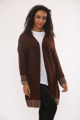 Chocolate Casual Open Front Striped Details Mid Length Wool Cardigan