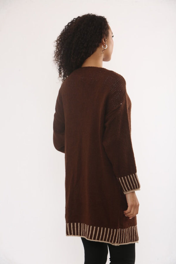 Chocolate Casual Open Front Striped Details Mid Length Wool Cardigan