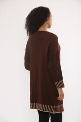 Chocolate Casual Open Front Striped Details Mid Length Wool Cardigan