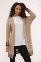 Beige Wool Blend Cardigan With Contrast Stripes