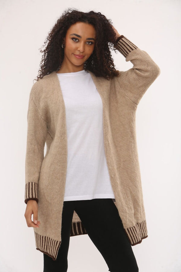 Beige Wool Blend Cardigan With Contrast Stripes
