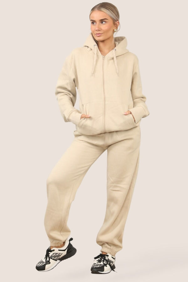 Beige Zip Up Hoodie With Cuffed Jogger Set