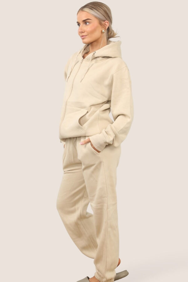 Beige Zip Up Hoodie With Cuffed Jogger Set