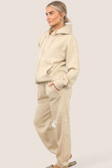 Beige Zip Up Hoodie With Cuffed Jogger Set