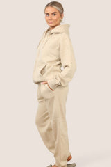 Beige Zip Up Hoodie With Cuffed Jogger Set