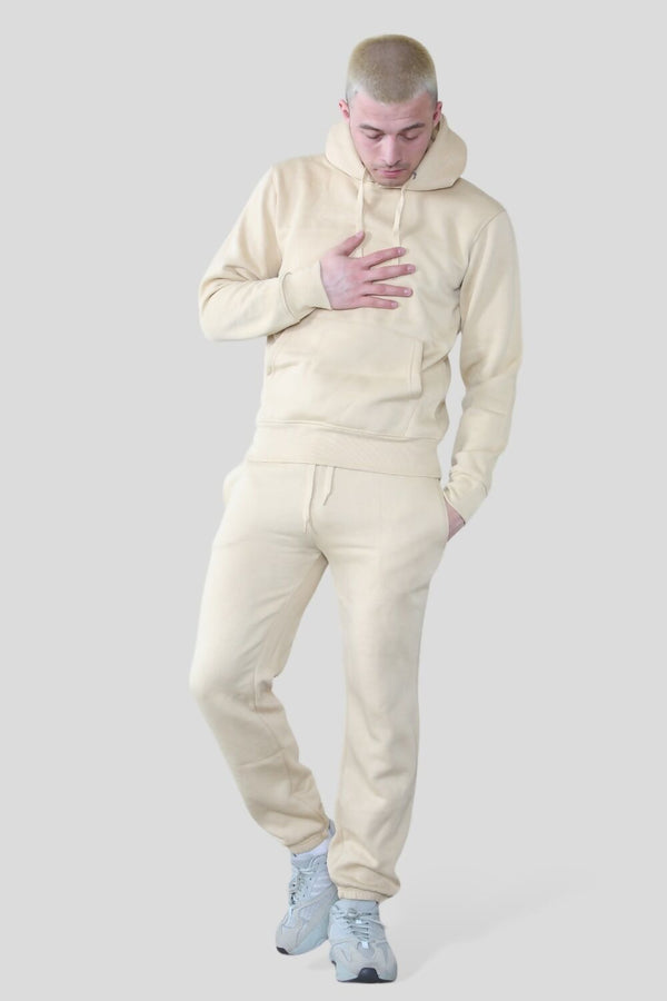 Mens Cream Basic Pullover Hood Tracksuit
