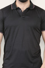 Mens Black Polo T-Shirt With Stipe Detailing 