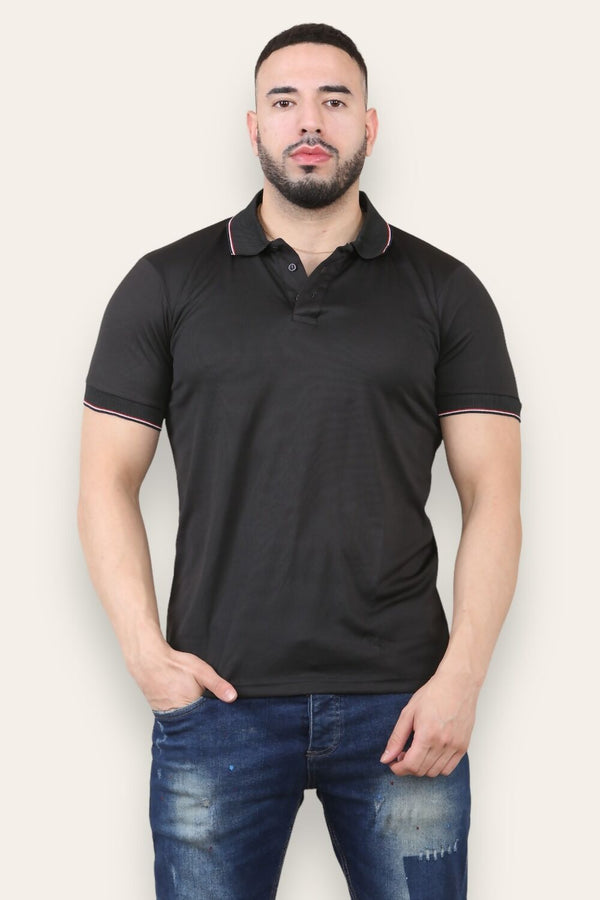 Mens Black Polo T-Shirt With Stipe Detailing 