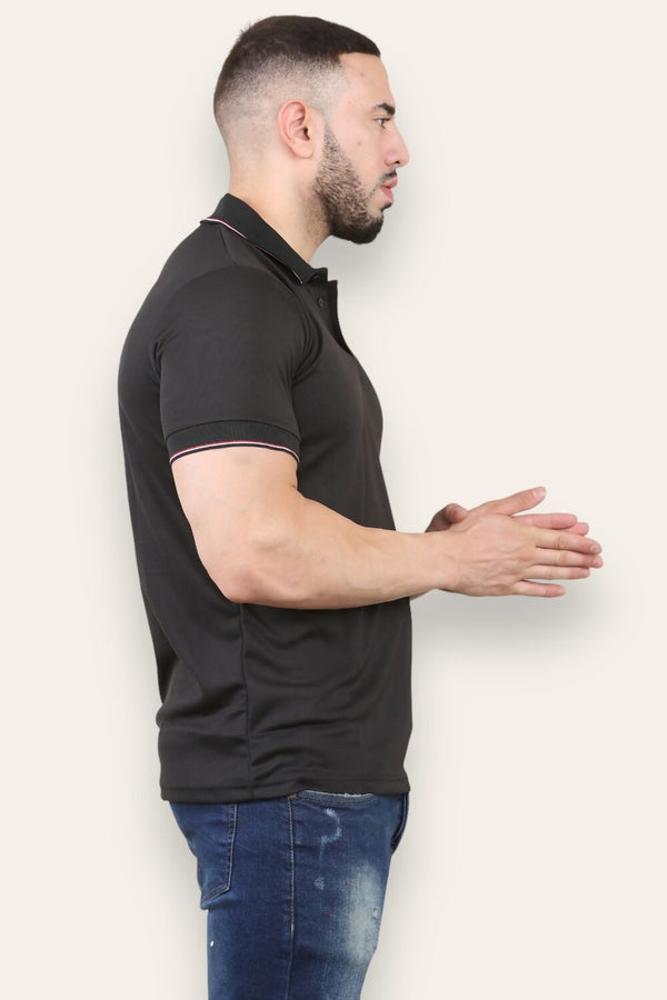 Mens Black Polo T-Shirt With Stipe Detailing 