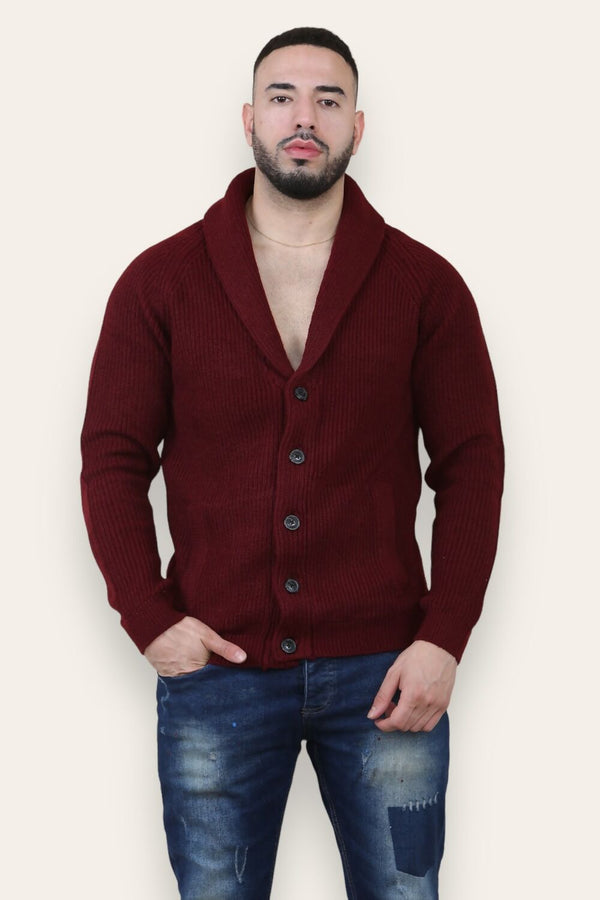 Wine Mens Shawl Neck Button Up Half Stitch Cardigan-Copy