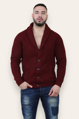 Wine Mens Shawl Neck Button Up Half Stitch Cardigan-Copy