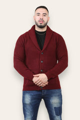 Wine Mens Shawl Neck Button Up Half Stitch Cardigan-Copy