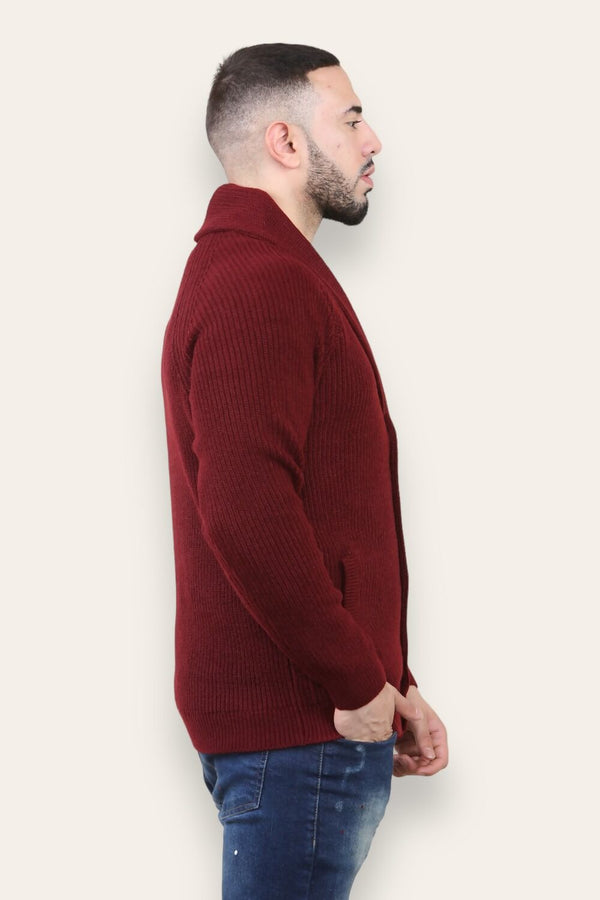 Wine Mens Shawl Neck Button Up Half Stitch Cardigan-Copy