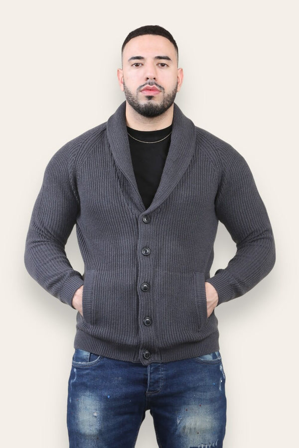 Charcoal Mens Shawl Neck Button Up Half Stitch Cardigan-Copy-Copy