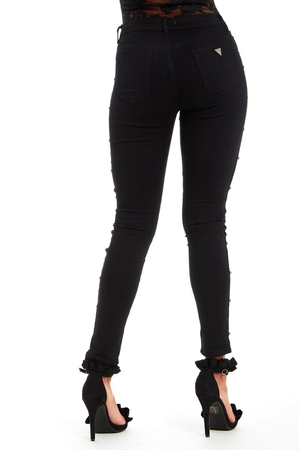 Black Side Stripe Stud Detail Skinny Jeans 