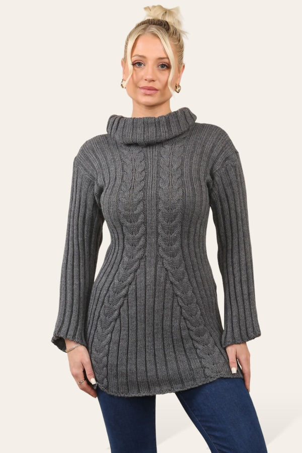 Charcoal Long Sleeve Natural Cable Roll Neck Knitted Jumper Dress