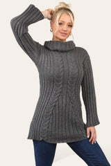 Charcoal Long Sleeve Natural Cable Roll Neck Knitted Jumper Dress