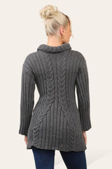 Charcoal Long Sleeve Natural Cable Roll Neck Knitted Jumper Dress