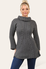 Charcoal Long Sleeve Natural Cable Roll Neck Knitted Jumper Dress