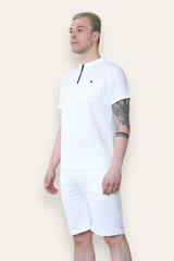 Mens White Waffle Pattern Polo Shirt and Short Set