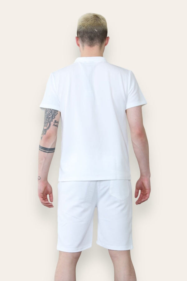 Mens White Waffle Pattern Polo Shirt and Short Set