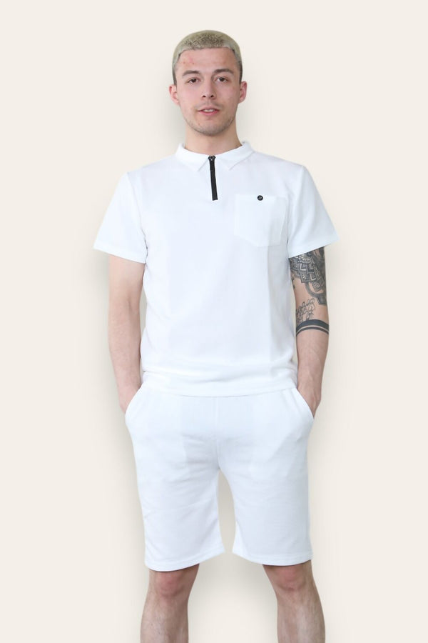 Mens White Waffle Pattern Polo Shirt and Short Set