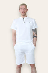 Mens White Waffle Pattern Polo Shirt and Short Set