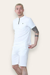 Mens White Waffle Pattern Polo Shirt and Short Set