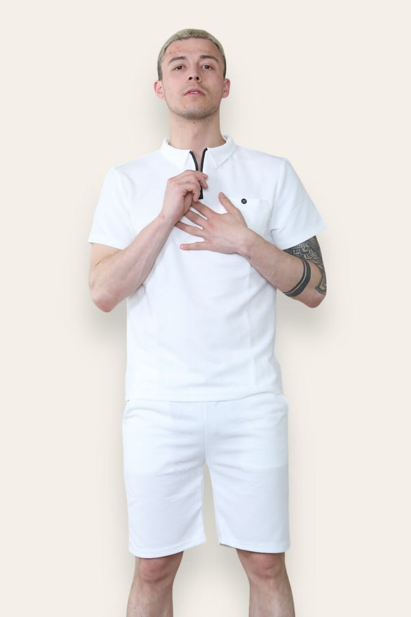 Mens White Waffle Pattern Polo Shirt and Short Set