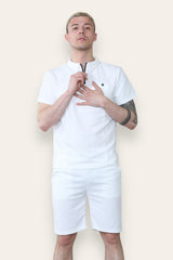 Mens White Waffle Pattern Polo Shirt and Short Set